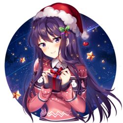  artist_name blush box breasts christmas christmas_sweater closed_mouth collared_shirt commentary cropped_torso doki_doki_literature_club english_commentary female fur-trimmed_headwear fur_trim gift gift_box hair_between_eyes hat highres holding holding_gift long_hair long_sleeves print_sweater purple_eyes purple_hair red_hat red_sweater santa_hat shirt sky sleeves_past_wrists small_breasts smile snowman_print solo squchan star_(sky) star_(symbol) starry_sky sweater transparent_background upper_body very_long_hair watermark web_address white_shirt yuri_(doki_doki_literature_club) 