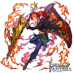  1boy belt black_jacket blue_pants boots box_(hotpppink) copyright_name eden_fantasia flaming_weapon full_body fur_trim hair_over_one_eye hair_tie holding holding_polearm holding_weapon jacket knee_boots lance male_focus official_art pants photoshop_(medium) polearm ponytail red_hair watermark weapon white_background zak_(eden_fantasia) 