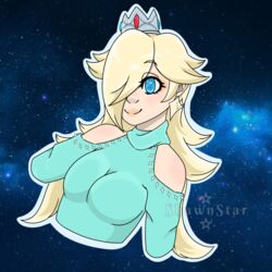  1:1 blonde_hair blue_eyes clothed clothing cosmic_background crown digital_media_(artwork) ear_piercing female hair hair_over_eye headgear hi_res human looking_at_viewer mammal mario_bros mistystar nintendo one_eye_obstructed piercing rosalina_(mario) shaded smile solo space star starry_background super_mario_galaxy topwear 