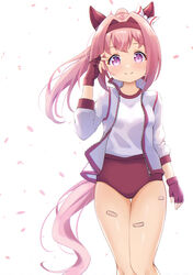  absurdres animal_ears arm_up bandaid bandaid_on_leg bow buruma female fingerless_gloves flower_in_eye gloves gym_uniform hair_intakes hairbow haru_urara_(umamusume) headband highres horse_ears horse_girl horse_tail jacket long_hair petals pink_eyes pink_hair ponytail red_buruma red_gloves ribbon shirt smile solo symbol-shaped_pupils symbol_in_eye tail thighs tomotomo_(awai) track_jacket umamusume white_jacket white_shirt 