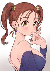  bare_shoulders blush breasts brown_eyes brown_hair commentary_request dragon_quest dragon_quest_viii dress earrings female from_side gradient_background grey_background hand_up highres jessica_albert jewelry large_breasts long_hair long_sleeves looking_at_viewer miyama_(kannsannn) off-shoulder_dress off_shoulder parted_lips purple_dress shoulder_blades solo twintails upper_body white_background 