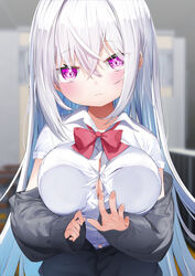  absurdres blue_hair blurry blurry_background bow breasts cleavage closed_mouth collared_shirt commentary_request depth_of_field dress_shirt female grey_jacket hair_between_eyes highres indoors jacket kamioka_shun&#039;ya large_breasts long_hair long_sleeves looking_at_viewer off_shoulder open_clothes open_jacket original puffy_long_sleeves puffy_sleeves purple_eyes red_bow shiori_(kamioka_shun&#039;ya) shirt sleeves_past_wrists solo upper_body very_long_hair white_hair white_shirt 