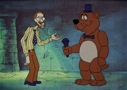  2023 anthro bear bow_tie clothing crossover digital_media_(artwork) duo electronics eyewear five_nights_at_freddy&#039;s five_nights_at_freddy&#039;s_(film) freddy_(fnaf) glasses hanna-barbera harry_gold hat headgear headwear human humor male mammal matthew_lillard microphone necktie parody scooby-doo scooby-doo_(series) scottgames screencap screencap_background shaggy_rogers signature top_hat voice_actor_joke william_afton_(fnaf) 