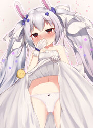  animal animal_ears ass_visible_through_thighs azur_lane bare_shoulders bird blush bow bow_panties breasts chick clothes_lift collarbone commentary_request covering_own_mouth dress dress_lift female flower gloves grey_hair hair_between_eyes hair_flower hair_ornament hair_ribbon highres irokari jewelry laffey_(azur_lane) laffey_(white_rabbit&#039;s_oath)_(azur_lane) lifting_own_clothes long_hair manjuu_(azur_lane) navel nose_blush official_alternate_costume panties petals purple_flower rabbit_ears red_eyes ribbon ring small_breasts solo twintails underwear very_long_hair wedding_dress wedding_ring white_dress white_gloves white_panties white_ribbon 