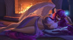  alicorn anthro bedding big_breasts big_wings blanket book bra bracelet breast_implants breasts chains cleavage clothed clothing cozy detailed_background elizabeth_(caelos) equid equine evening female fire fireplace floppy_ears fur hair hasbro hi_res horn huge_breasts inside jewelry jumperkit magic magic_aura mammal my_little_pony mythological_creature mythological_equine mythology nipples panties reading red_hair slightly_chubby smile solo translucent translucent_clothing underwear wide_hips wings yellow_body yellow_fur 