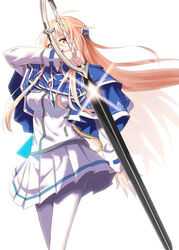  blonde_hair blue_capelet brooch capelet female hair_between_eyes headgear heaven_burns_red highres holding holding_sword holding_weapon jacket jewelry long_hair long_sleeves looking_at_viewer miniskirt pantyhose pleated_skirt red_eyes shiime shirakawa_yuina shirt sidelocks simple_background skirt solo standing sword weapon white_background white_jacket white_pantyhose white_shirt white_skirt 