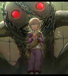  1boy blindfold chained chains commentary emil_(human)_(nier) emil_(nier) glowing glowing_eyes halua highres jacket letterboxed light_brown_hair male_focus nier nier_(series) open_clothes open_jacket own_hands_together pants parted_lips penguu_(green528) puffy_pants purple_jacket purple_pants red_eyes sash short_hair siblings spoilers teeth 