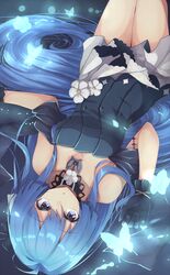  azur_lane black_gloves blue_butterfly blue_hair breasts bug butterfly cleavage dress evening_gown female from_above gloves helena_(azur_lane) helena_(may_i_have_this_dance?)_(azur_lane) highres long_hair medium_breasts miimu_(nelreg3) official_alternate_costume solo strapless strapless_dress upside-down very_long_hair 