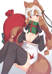  animal_ear_fluff animal_ears bell bikini bikini_top_only black_bikini black_gloves black_thighhighs blush bow box breasts brown_hair capelet cleavage commentary_request cosplay elbow_gloves fate/grand_order fate_(series) female fur-trimmed_capelet fur-trimmed_gloves fur_trim gift gift_box gloves green_ribbons headpiece highres jeanne_d&#039;arc_alter_santa_lily_(fate) jeanne_d&#039;arc_alter_santa_lily_(fate)_(cosplay) kusubii large_breasts long_hair multicolored_bow multicolored_ribbon raccoon_ears raccoon_girl raccoon_tail raphtalia red_eyes ribbon sack simple_background smile solo striped striped_bow striped_ribbon swimsuit tail tate_no_yuusha_no_nariagari thighhighs very_long_hair white_background white_capelet 