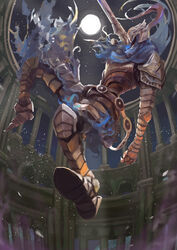  1boy arm_at_side armor artorias_the_abysswalker blue_capelet breastplate capelet commentary_request dark_souls_(series) dark_souls_i faceless faceless_male facing_away faulds full_armor full_body full_moon gauntlets greatsword greaves helmet highres holding holding_sword holding_weapon hood hood_up hukutuuprunes jumping knight light_particles male_focus moon night night_sky outdoors pauldrons pillar plume shoulder_armor sky solo sword weapon 