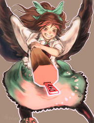  arm_cannon black_pantyhose bow brown_eyes brown_hair collared_shirt envenomist_(gengoroumaru) fangs female foreshortening green_skirt grin hairbow hand_on_own_arm highres looking_ahead medium_skirt omikuji pantyhose ponytail puffy_short_sleeves puffy_sleeves reiuji_utsuho shirt short_sleeves skirt smile solo teeth touhou weapon wind wings 