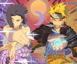  2boys artist_name black_hair blonde_hair casting_spell chidori_(naruto) electricity electrokinesis energy energy_ball facial_mark fingernails fishnet_top fishnets forehead forehead_protector grey_shirt highres holding holding_knife in_mouth jacket knife knife_in_mouth konohagakure_symbol kunai long_sleeves looking_at_viewer magic male_focus moon multiple_boys naruto_(series) naruto_shippuuden navel ninja open_clothes open_jacket orange_jacket orange_pants pants rasengan red_eyes sennin_mode sharingan shirt short_hair spiked_hair sun taku_(aywakutakuay) tomoe_(symbol) uchiha_sasuke uzumaki_naruto weapon whisker_markings yellow_eyes 