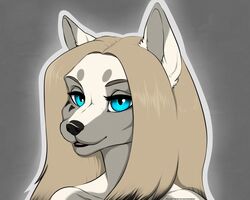  anthro blonde_hair blue_eyes canid canine canis catherinemeow female fur grey_body grey_fur hair koul_fardreamer mammal multicolored_body multicolored_fur open_mouth open_smile simple_background smile solo two_tone_body two_tone_fur white_body white_fur wolf 