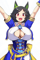  \o/ alternate_breast_size animal_ears arms_up bandaid black_hair breasts bursting_breasts button_gap buttons cleavage female hair_ornament hairclip highres horse_ears horse_girl isemagu large_breasts looking_at_viewer navel no_bra open_mouth outstretched_arms shirt short_hair simple_background smile solo umamusume unbuttoned unbuttoned_shirt white_background white_shirt winning_ticket_(umamusume) 