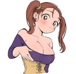  bare_shoulders blush breast_lift breasts brown_eyes brown_hair cleavage closed_mouth collarbone commentary_request corset dragon_quest dragon_quest_viii earrings female jessica_albert jewelry large_breasts long_hair long_sleeves looking_at_viewer miyama_(kannsannn) off-shoulder_shirt off_shoulder purple_shirt shirt simple_background solo twintails underbust upper_body white_background 