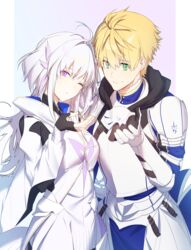  1boy ahoge armor arthur_pendragon_(fate) bad_id bad_pixiv_id black_gloves blonde_hair breastplate breasts closed_mouth commentary dore_(gilles_dore) english_commentary fate/grand_order fate/grand_order_arcade fate/prototype fate_(series) female fingerless_gloves gauntlets gloves green_eyes hair_between_eyes hair_intakes hair_ornament hand_up heart highres hood hood_down hooded_robe long_hair merlin_(fate/prototype) merlin_(fate/prototype)_(second_ascension) pauldrons pink_eyes robe shoulder_armor small_breasts smile very_long_hair white_hair white_robe 