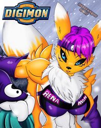  2017 abs accessory anthro bandai_namco black_sclera blue_eyes bra breasts canid canine clothed clothing darkfang100 digimon digimon_(species) female fur hair headband hi_res mammal multicolored_body multicolored_fur neck_tuft purple_hair renamon short_hair sleeves solo sports_bra tuft two_tone_body two_tone_fur underwear white_body white_fur yellow_body yellow_fur 