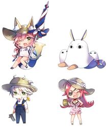  &lt;o&gt;_&lt;o&gt; 1boy 3girls :d ;3 ;d ameshizuku_natsuki animal_ear_fluff animal_ears bare_shoulders beach_umbrella beer_mug bikini bikini_under_clothes blue_bikini blue_footwear blush breasts brown_eyes brown_hat chibi cleavage closed_eyes commentary_request cosplay cup dress eyepatch fate/grand_order fate_(series) flower fox_ears fox_girl fox_tail francis_drake_(captain&#039;s_glorious_summer_vacation)_(fate) francis_drake_(fate) green_eyes hair_between_eyes hair_flaps hair_through_headwear hand_on_own_hip hat hat_flower heart heart_eyepatch hoe holding holding_cup holding_umbrella innertube jackal_ears karna_(fate) karna_(pastoral_idol_unit)_(fate) large_breasts long_hair looking_at_viewer medjed_(fate) medjed_(fate)_(cosplay) mug multiple_girls nitocris_(fate) nitocris_(swimsuit_assassin)_(fate) official_alternate_costume one_eye_closed open_mouth overalls pink_dress pink_hair purple_hair sandals scar scar_on_face see-through shirt short_sleeves simple_background smile sun_hat swim_ring swimsuit tail tamamo_(fate) tamamo_no_mae_(swimsuit_lancer)_(fate) tamamo_no_mae_(swimsuit_lancer)_(second_ascension)_(fate) umbrella very_long_hair white_background white_flower white_hair white_shirt 