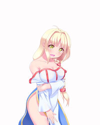  antenna_hair arc_the_lad arc_the_lad_ii bad_id bad_pixiv_id bare_shoulders blonde_hair blush braid breasts cleavage collarbone commentary contrapposto cowboy_shot detached_sleeves dress female holding_own_arm lieza_(arc_the_lad) long_hair long_sleeves looking_at_viewer open_mouth side_slit simple_background single_braid solo tadayou_kemuri wavy_mouth white_background white_dress 