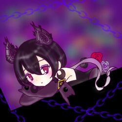  black_hair chains commentary_request dark_cutie elbow_gloves female flower gloves mahou_shoujo_ikusei_keikaku mahou_shoujo_ikusei_keikaku_aces mahou_shoujo_ikusei_keikaku_queens moka_panda red_eyes rose solo 