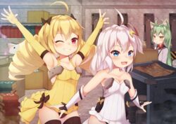  3girls :d ahoge akashi_(azur_lane) animal_ear_fluff animal_ears armpits arms_up azur_lane bad_id bad_pixiv_id bare_shoulders bell black_bow black_panties black_sailor_collar black_thighhighs blonde_hair blue_eyes blueprint_(object) blush book book_stack bookshelf bow box breasts brown_eyes brown_thighhighs cat_ears cleavage commentary_request defensive_skill_book_(azur_lane) dress drill_hair drum_(container) elbow_gloves fingerless_gloves gloves green_hair grin hair_between_eyes hairbow halterneck high-low_skirt highres hitodama holding holding_box indoors inora jingle_bell long_hair low-cut_armhole medium_breasts microdress multiple_girls offensive_skill_book_(azur_lane) one_eye_closed open_mouth outstretched_arms panties prototype_bulin_mkii_(azur_lane) red_eyes revision sailor_collar short_dress smile strapless strapless_dress striped_clothes striped_dress thighhighs tube_dress twin_drills twintails underwear universal_bulin_(azur_lane) vertical-striped_clothes vertical-striped_dress very_long_hair white_dress white_gloves white_hair yellow_dress yellow_gloves 