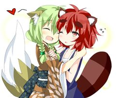  braid closed_eyes green_hair heart hug kemonomimi kitsunemimi open_mouth red_eyes red_hair saitou_kon shingetsu_takehito short_hair tail tanaka_pon tanukimimi twin_braids wafuku wink 