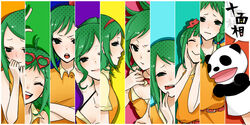  ahoge angry bad_id bad_pixiv_id blush commentary_request female glasses green_eyes green_hair gumi juu_mensou_(vocaloid) koyubi_right multiple_persona short_hair smile tongue vocaloid 