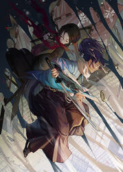  2boys architecture black_gloves black_hair black_hakama black_jacket black_legwear black_pants blue_eyes blurry broken broken_sword broken_weapon brown_hair carrying_over_shoulder closed_eyes closed_mouth commentary covered_mouth crying crying_with_eyes_open damaged debris dutch_angle earrings east_asian_architecture fingerless_gloves flag floating floating_hair gloves guan_tang_baozi hair_between_eyes hakama hakama_pants haori high_ponytail holding holding_sword holding_weapon jacket japanese_clothes jewelry kashuu_kiyomitsu katana long_sleeves male_focus motion_blur multiple_boys open_clothes open_hand open_jacket outstretched_arm over_shoulder pants photoshop_(medium) pom_pom_(clothes) ponytail profile projected_inset purple_hair red_scarf road rooftop sandals scarf scarf_over_mouth seiza shared_clothes shared_scarf sheath sheathed shinsengumi shoe_dangle sideways sitting sword tabi tears torn torn_clothes torn_scarf touken_ranbu transparent unsheathed visible_air weapon weapon_over_shoulder white_scarf wide_sleeves wind yamato-no-kami_yasusada 