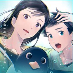  1boy :o aoyama-kun_(penguin_highway) bird black_hair blue_background blue_eyes bubble commentary_request copyright_name dated female long_hair looking_at_viewer onee-san_(penguin_highway) penguin penguin_highway purple_eyes upper_body wata5119 