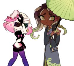  2girls bad_id bad_tumblr_id callie_(splatoon) callie_(splatoon)_(cosplay) charamells commentary_request cosplay crop_top dark-skinned_female dark_skin green_umbrella inkling japanese_clothes kimono looking_at_viewer marie_(splatoon) marie_(splatoon)_(cosplay) marina_(splatoon) multicolor-tinted_eyewear multiple_girls octoling oil-paper_umbrella pantyhose pearl_(splatoon) pose rainbow-tinted_eyewear simple_background smile splatoon_(series) splatoon_2 sunglasses symbol-shaped_pupils tentacle_hair tinted_eyewear umbrella very_dark_skin 