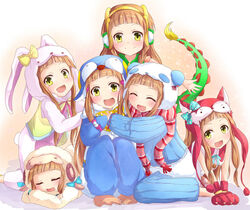  6+girls :d animal_costume animal_ears animal_hands animal_hood bare_shoulders blue_bow blunt_bangs blush bow closed_eyes closed_mouth commentary_request cosplay crossed_arms dragon_costume dragon_tail fake_animal_ears fake_tail full_body gloves gradient_background hood hug ichihara_nina idolmaster idolmaster_cinderella_girls kigurumi kneeling long_hair long_sleeves looking_at_viewer lying multiple_girls multiple_persona open_mouth orange_hair outstretched_arms panda_costume panda_ears panda_hood paw_gloves penguin_costume penguin_hood polka_dot polka_dot_bow pom_pom_(clothes) rabbit_costume rabbit_ears rabbit_hood rabbit_tail ram_hachimin red_ribbon ribbon ribbon-trimmed_sleeves ribbon_trim scarf shadow sheep_costume sheep_hood sidelocks sitting sleeveless smile striped_clothes striped_scarf tail two-tone_background v-shaped_eyebrows wolf_costume wolf_ears wolf_hood yellow_bow yellow_eyes 