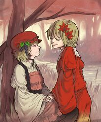  2girls aki_minoriko aki_shizuha autumn baten_(gei-vorugu) blonde_hair closed_eyes commentary_request dress food forest fruit grapes hair_ornament hand_on_hand hat highres holding_hands leaf leaf_hair_ornament looking_at_another loose_clothes multiple_girls nature red_eyes short_hair siblings sisters smile touhou tree 