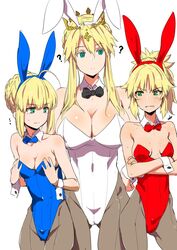  ... 3girls ? ahoge angry animal_ears aqua_eyes artoria_pendragon_(fate) artoria_pendragon_(lancer)_(fate) ass_visible_through_thighs bare_arms bare_shoulders black_bow black_bowtie blonde_hair blue_bow blue_hairband blue_leotard blue_neckwear blush body_blush bow bowtie braid breast_clinging breast_envy breasts breasts_apart clearite cleavage clenched_teeth closed_mouth colored_eyelashes commentary_request contrapposto covered_navel crossed_arms crown cuffs detached_collar dual_persona fake_animal_ears fate/apocrypha fate/grand_order fate/stay_night fate_(series) french_braid front-seamed_legwear frown furrowed_brow gold_trim green_eyes grey_legwear groin hair_between_eyes hair_bun hairband hands_on_own_chest hands_on_own_hips height_difference high_ponytail highleg highleg_leotard hip_bones hip_focus large_breasts legs_together leotard long_hair looking_at_another looking_to_the_side medium_hair mordred_(fate) mordred_(fate/apocrypha) mother_and_daughter multiple_girls pantyhose parted_lips playboy_bunny ponytail rabbit_ears red_bow red_bowtie red_hairband red_leotard ribbed_leotard saber_(fate) seamed_legwear shaded_face shiny_skin short_hair shoulder_blush sidelocks simple_background single_hair_bun small_breasts standing strapless strapless_leotard teeth thigh_gap wavy_mouth white_background white_hairband white_leotard wing_collar wrist_cuffs 