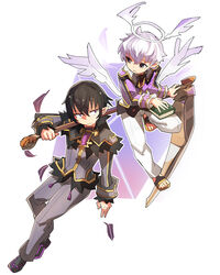  2boys angel angel_wings black_hair book commentary_request full_body geetgeet halo killian_phegor low_wings luke_venus male_focus mini_wings multiple_boys pointy_ears pop-up_story purple_eyes school_uniform scythe shinigami simple_background st._feles_gakuen_uniform white_background white_hair wings yellow_eyes 