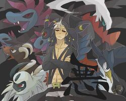  1boy absol black_sclera blue_eyes blue_sclera bright_pupils colored_sclera commentary_request crossed_arms crossover darkrai floating_hair hat houndoom hydreigon jojo_no_kimyou_na_bouken murkrow on_shoulder pants pokemon pokemon_(creature) pokemon_on_shoulder red_eyes risotto_nero smoke striped_clothes striped_pants tsukumoya_hajime umbreon whisp white_hair white_pupils 