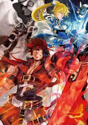  3boys asuka_r._kreutz belt blonde_hair blue_eyes brown_hair commentary_request fingerless_gloves fire gloves grin guilty_gear guilty_gear_xrd hood junkyard_dog_mk_iii ky_kiske lightning long_hair magnolia_eclair_ii male_focus multiple_boys ponytail smile sol_badguy sword weapon yellow_eyes yt-nagi 