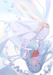  ascot blue_dress blue_hair braid commentary dress female highres long_hair long_sleeves lumi_(vocaloid) parted_lips red_ascot red_eyes solo tunapon01 upside-down vocaloid wide_sleeves 