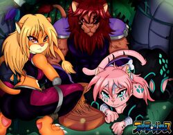  anthro ass black_sclera blonde_hair blue_eyes bottomwear brown_body brown_fur clothed clothing crop_top crouching darkfang100 darkfangcomics domestic_cat ear_piercing family felid feline felis female fur group hair lion male mammal orange_body orange_fur pantherine pants piercing pink_body pink_fur pink_hair prince_arderne_schievella princess princess_ariella_schievella princess_corenna_schievella red_hair royalty shirt stealth_the_series tight_clothing topwear 