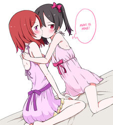  2girls bare_shoulders black_hair blush breasts hard_translated height_difference hug lolo long_hair love_live!_school_idol_project multiple_girls nightgown nishikino_maki red_eyes red_hair short_hair sideboob sitting small_breasts spread_legs text thighs translated ususa70 yazawa_nico yuri 