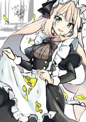  :d alternate_costume ameshizuku_natsuki apron apron_basket apron_hold black_dress blush commentary_request dress enmaided fate/grand_order fate_(series) female frilled_apron frills green_eyes heart juliet_sleeves light_brown_hair long_hair long_sleeves looking_at_viewer maid maid_apron maid_headdress marie_antoinette_(animejapan_2016)_(fate) marie_antoinette_(fate) official_alternate_costume open_mouth petals puffy_sleeves sidelocks smile solo twintails very_long_hair white_apron 