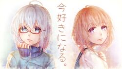  1boy ahoge ayase_koyuki blue_eyes blue_jacket blue_sailor_collar closed_mouth collared_jacket commentary_request expressionless female glasses gradient_background grey_hair hand_on_own_chest hand_to_head highres honeyworks ima_suki_ni_naru_(vocaloid) jacket kokuhaku_jikkou_iinkai lips looking_at_viewer looking_to_the_side orange_hair paper_texture parted_lips popped_collar purple_eyes red-framed_eyewear sailor_collar semi-rimless_eyewear setoguchi_hina shirt short_hair shuu_yuan_rei silver_hair single_stripe sleeves_past_wrists song_name striped sweater track_jacket translated turtleneck turtleneck_sweater under-rim_eyewear upper_body white_background white_shirt white_stripes zipper 