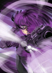  aiming aiming_at_viewer bodysuit commentary_request female gloves gun hair_over_one_eye handgun hit-girl kick-ass mask mindy_macready motion_blur photoshop_(medium) pork_(fordfairlane) purple_hair short_hair solo superhero_costume weapon 