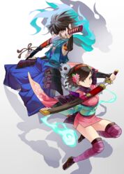  1boy 9sui armor black_hair brown_eyes commentary_request female floral_print flower hair_flower hair_ornament holding holding_sword holding_weapon izuna_jinkuro japanese_armor japanese_clothes katana kimono kisuke left-handed long_hair momohime oboro_muramasa sandals scarf sheath short_kimono sword thighhighs unsheathing weapon 