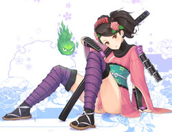  armor bad_id bad_pixiv_id black_hair brown_eyes clothes_between_thighs comb female flower full_body hair_flower hair_ornament hitodama izuna_jinkuro japanese_armor japanese_clothes katana kimono kote looking_at_viewer momohime oboro_muramasa pink_kimono purple_thighhighs sandals short_kimono shoulder_armor sitting sode solo sword tamakaga thighhighs weapon 