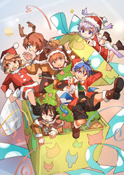  6+boys angel angel_wings animal_costume animal_ears antlers black_hair blue_eyes blush box brown_eyes brown_hair christmas christmas_tree commentary_request demon_boy dog_boy dog_ears forked_eyebrows full_body geetgeet gift gift_box grey_hair halo hat horns in_box in_container killian_phegor low_wings luke_venus male_focus mikhail_lancelot mini_wings multiple_boys open_mouth pointy_ears pop-up_story purple_eyes reindeer_antlers reindeer_costume santa_costume santa_hat selim_spark shinigami smile tail wings yellow_eyes yuuri_lessen ziz_glover 