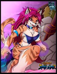  anthro big_breasts breasts brown_body brown_fur choker claws clothed clothing darkfang100 darkfangcomics extinct facial_piercing fangs felid female fully_clothed fur hair hi_res jewelry long_hair magic mammal necklace nose_piercing piercing pink_eyes pink_hair prehistoric_species redesigned saber-toothed_tiger skimpy solo stealth_the_series striped_body striped_fur stripes teeth zara_the_sabortooth_cat 