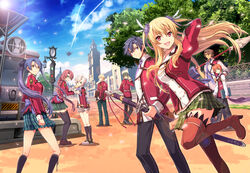  4girls 5boys absurdres alisa_reinford eiyuu_densetsu eiyuu_densetsu:_sen_no_kiseki eliot_craig emma_millstein falcom fie_claussell gaius_worzel highres huge_filesize laura_s_arseid multiple_boys multiple_girls rean_schwarzer sen_no_kiseki sword weapon 