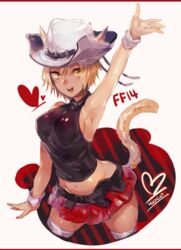  animal_ears arm_up armpits belt blonde_hair cat_ears cat_tail commentary_request female final_fantasy final_fantasy_xiv halterneck hat looking_at_viewer midriff miqo&#039;te open_mouth pleated_skirt short_hair skirt sleeveless slit_pupils solo tail thighhighs waco_(misonobu) warrior_of_light_(ff14) yellow_eyes yellow_tail 