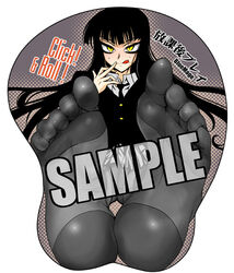  black_hair black_pantyhose blunt_bangs breast_mousepad feet female girlfriend_(houkago_play) houkago_play mousepad_(medium) no_shoes panties panties_under_pantyhose pantyhose parody sample_watermark solo tongue underwear watermark yellow_eyes 