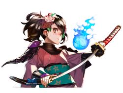  92m black_hair brown_eyes commentary_request female floral_print flower hair_flower hair_ornament hitodama holding holding_sword holding_weapon japanese_clothes left-handed looking_at_viewer momohime momohime_(hitodama) oboro_muramasa possessed sheath short_hair simple_background solo sword twintails unsheathing weapon 